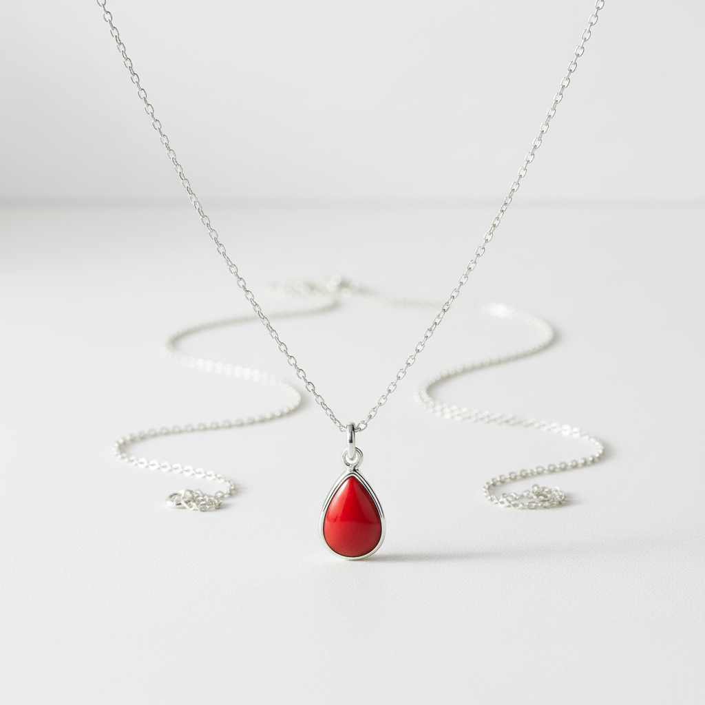 Collar de coral en V sobre fondo blanco