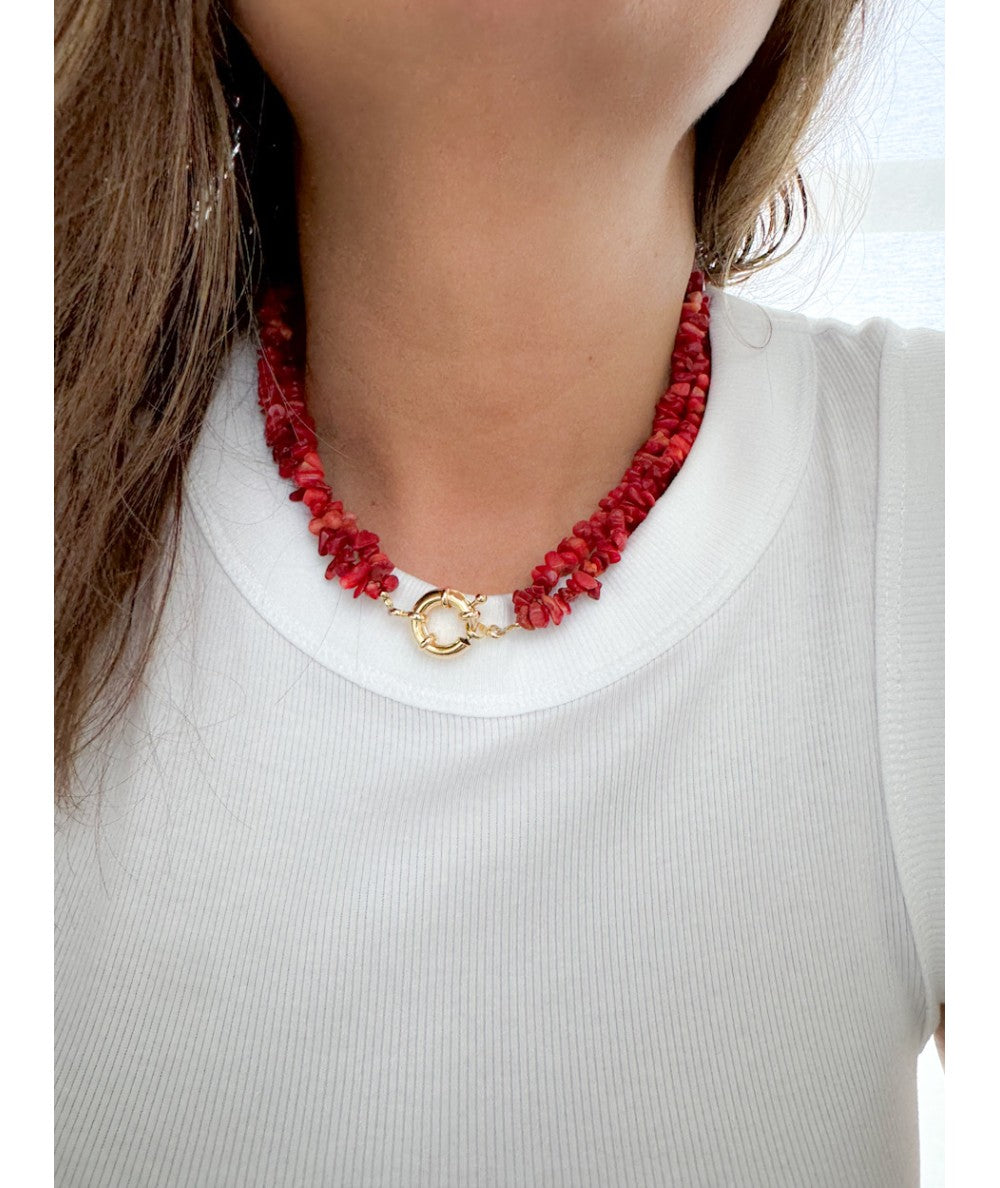 Double Strand Red Coral Necklace with Gold-Plated Clasp