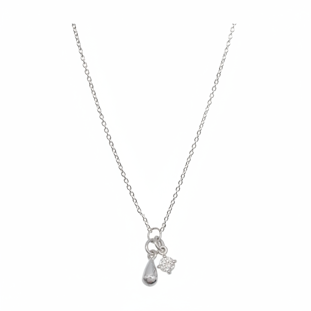 Crystal Zirconia & Teardrop Charm Necklace - 925 Sterling Silver
