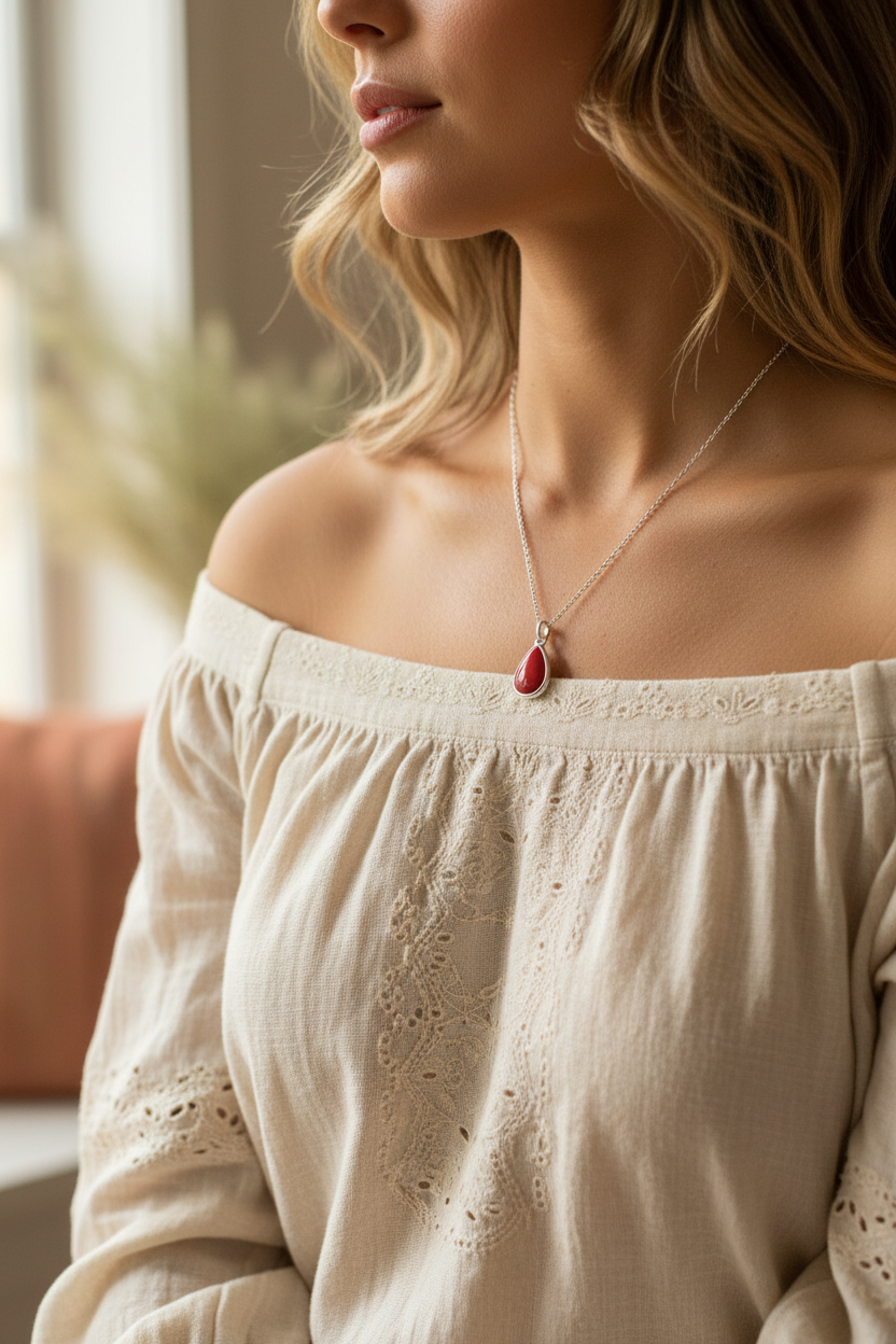 Mujer usando collar de coral