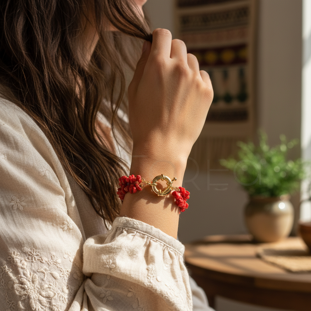 Mujer usando la pulsera de coral
