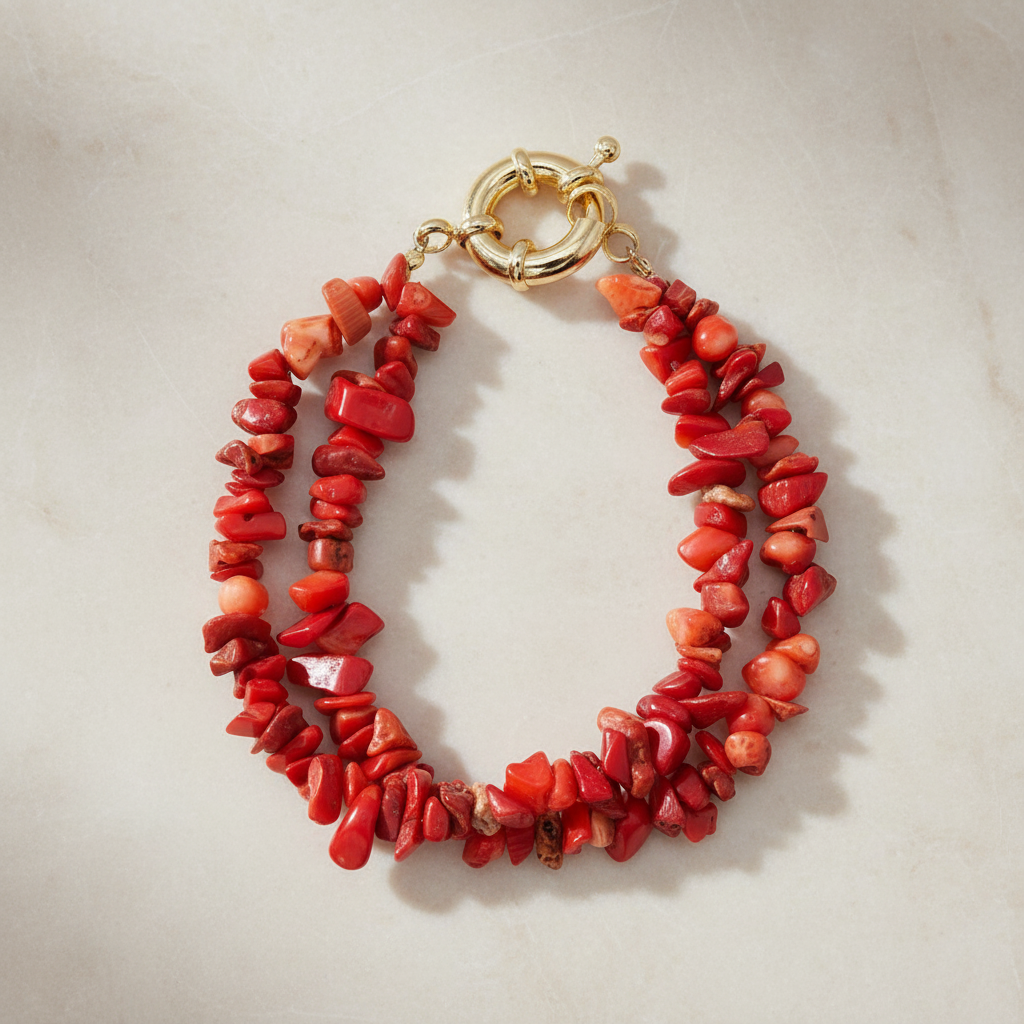 Pulsera de coral rojo sobre mármol beige